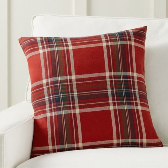 Pottery Barn Love Script Reversible Tan Red Plaid Pillow Cover Cotton Linen NWT - Picture 2 of 8